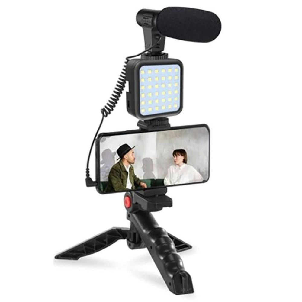 Professional 3-in-1 Vlogging Kit | Tripod, Mic & 360° LED Video Recording Setup