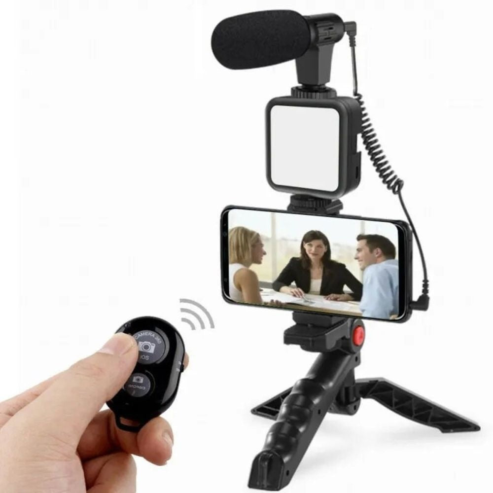 Professional 3-in-1 Vlogging Kit | Tripod, Mic & 360° LED Video Recording Setup