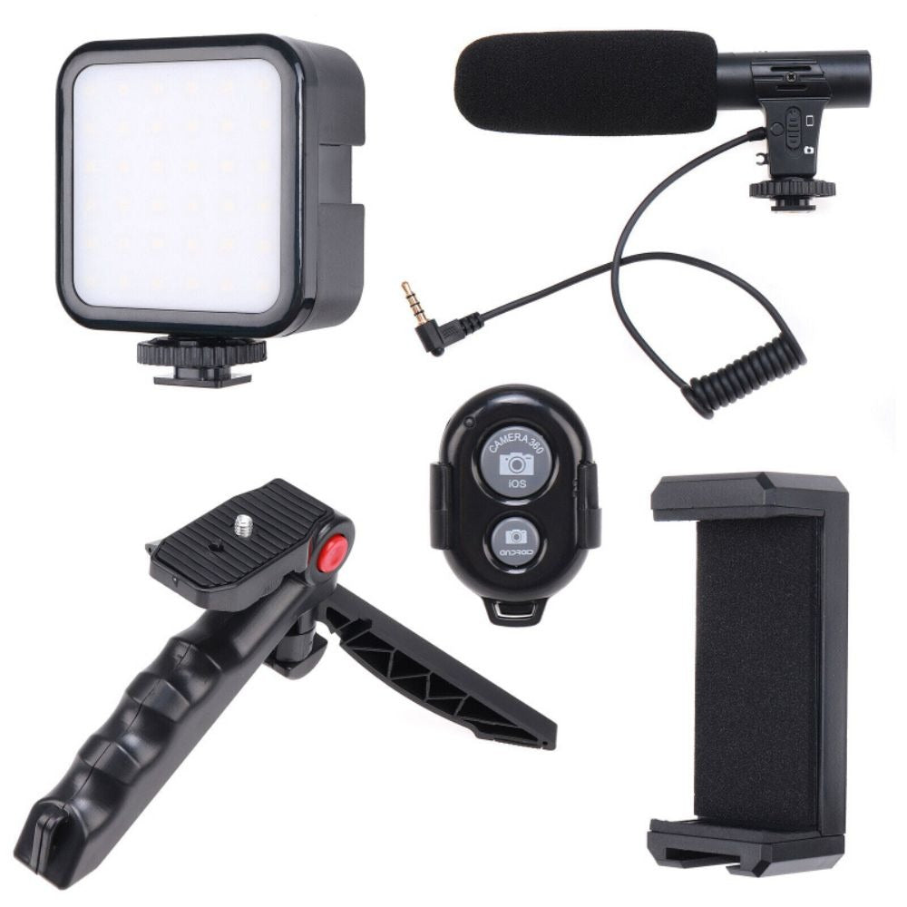 Professional 3-in-1 Vlogging Kit | Tripod, Mic & 360° LED Video Recording Setup