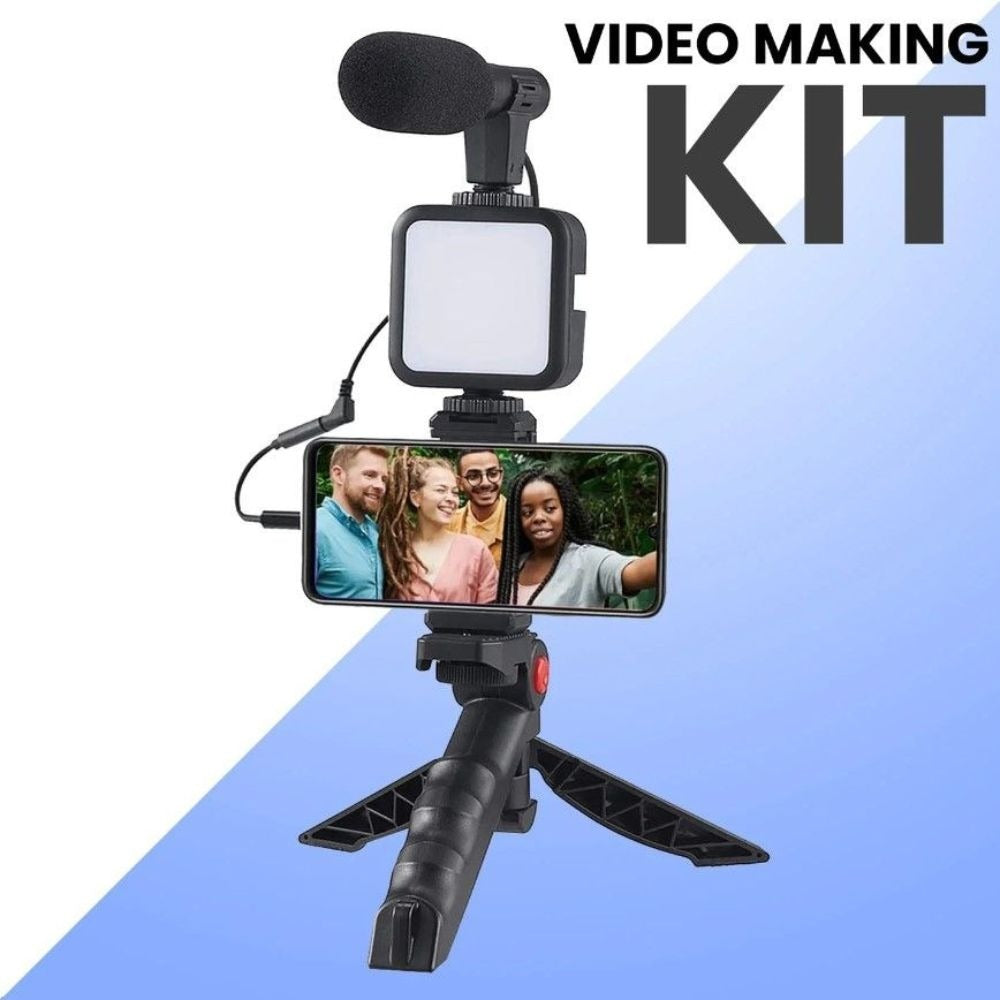 Professional 3-in-1 Vlogging Kit | Tripod, Mic & 360° LED Video Recording Setup