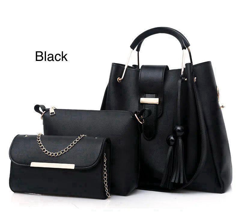 3 Pcs Women's PU Leather Handbag Set – Black
