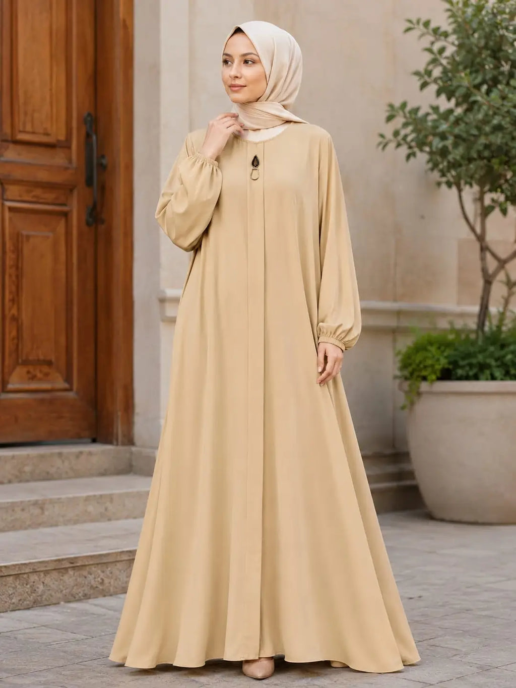 Premium Georgette Plain Maxi Abaya with Fancy Buckle – Beige