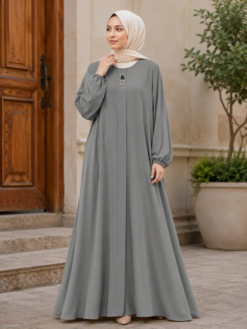 Premium Georgette Plain Maxi Abaya with Fancy Buckle – Grey