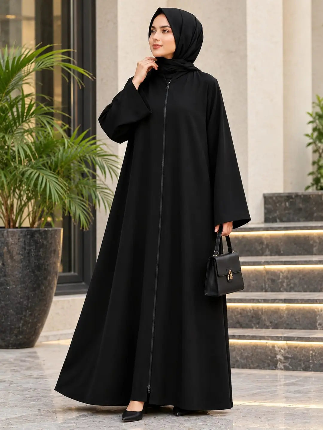 Classic Nida Plain Full Zip Abaya – Black