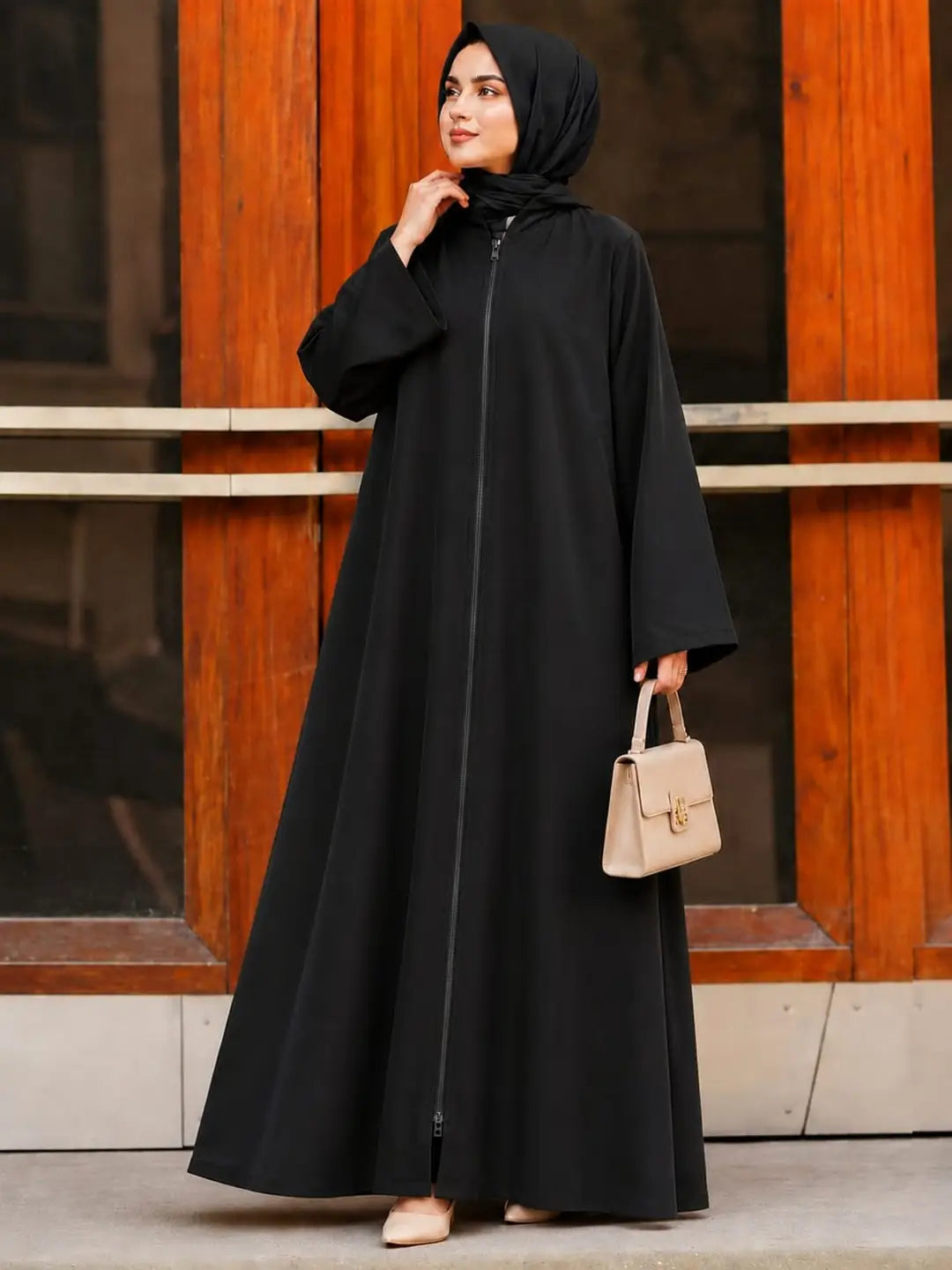 Classic Nida Plain Full Zip Abaya – Black