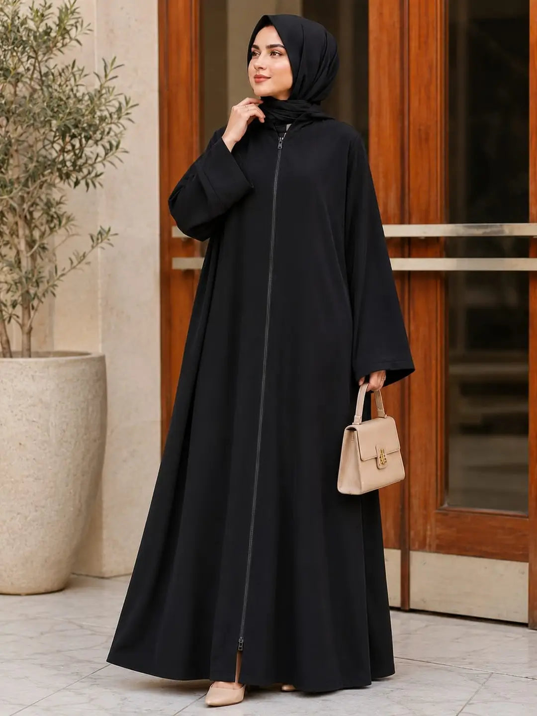 Classic Nida Plain Full Zip Abaya – Black