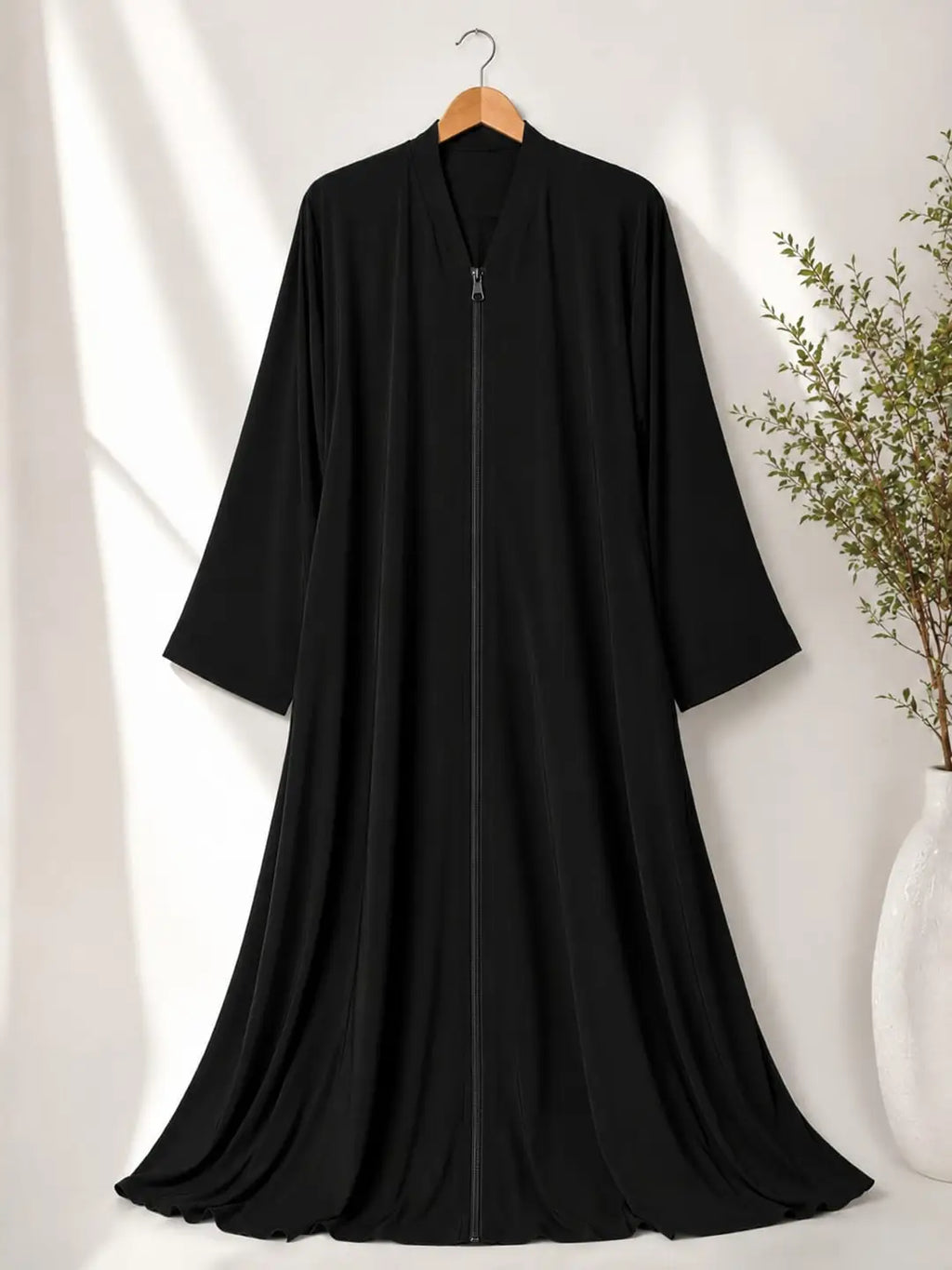 Classic Nida Plain Full Zip Abaya – Black