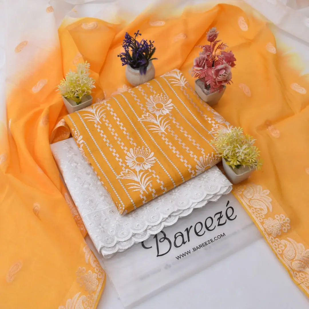 3 Pcs Lawn Embroidered Suit – Yellow