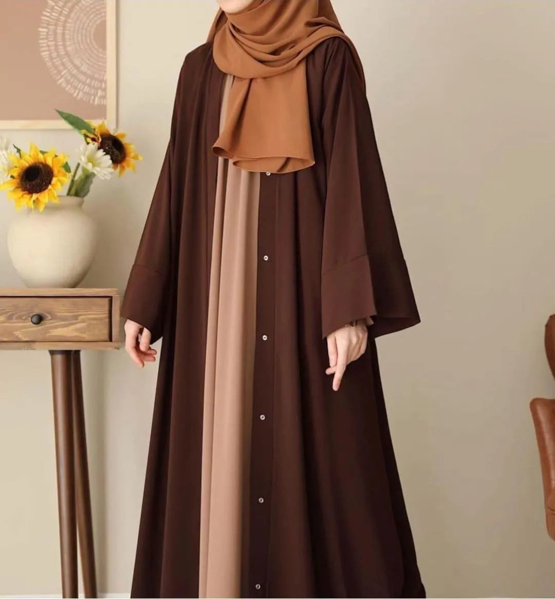 Chocolaty Brown Georgette Abaya with Detachable Stoller – Dual Tone Inner Style