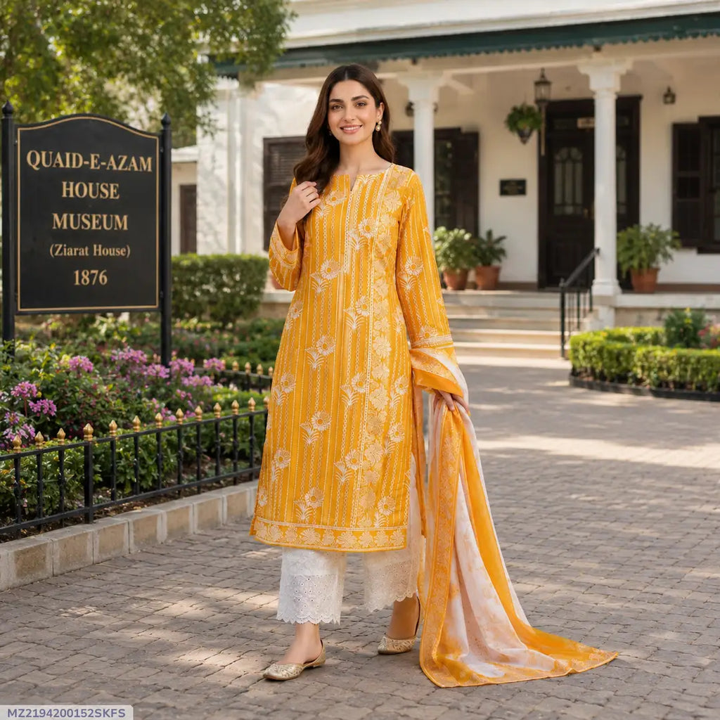 3 Pcs Women's Unstitched Cotton Lawn Embroidered Suit with Barosha Dupatta – Yellow
