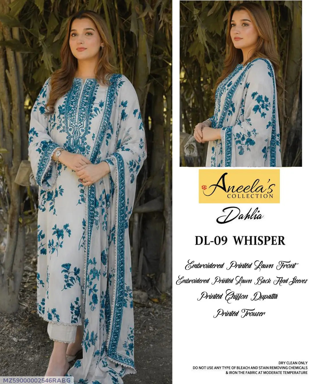 3 Pcs Lawn Embroidered Suit – White & Teal
