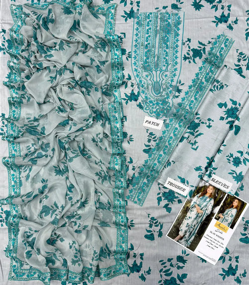 3 Pcs Lawn Embroidered Suit – White & Teal