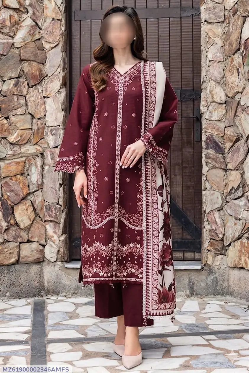 3 Pcs Unstitched Embroidered Suit – Maroon