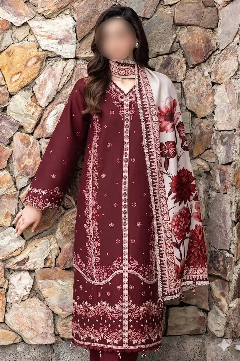 3 Pcs Unstitched Embroidered Suit – Maroon