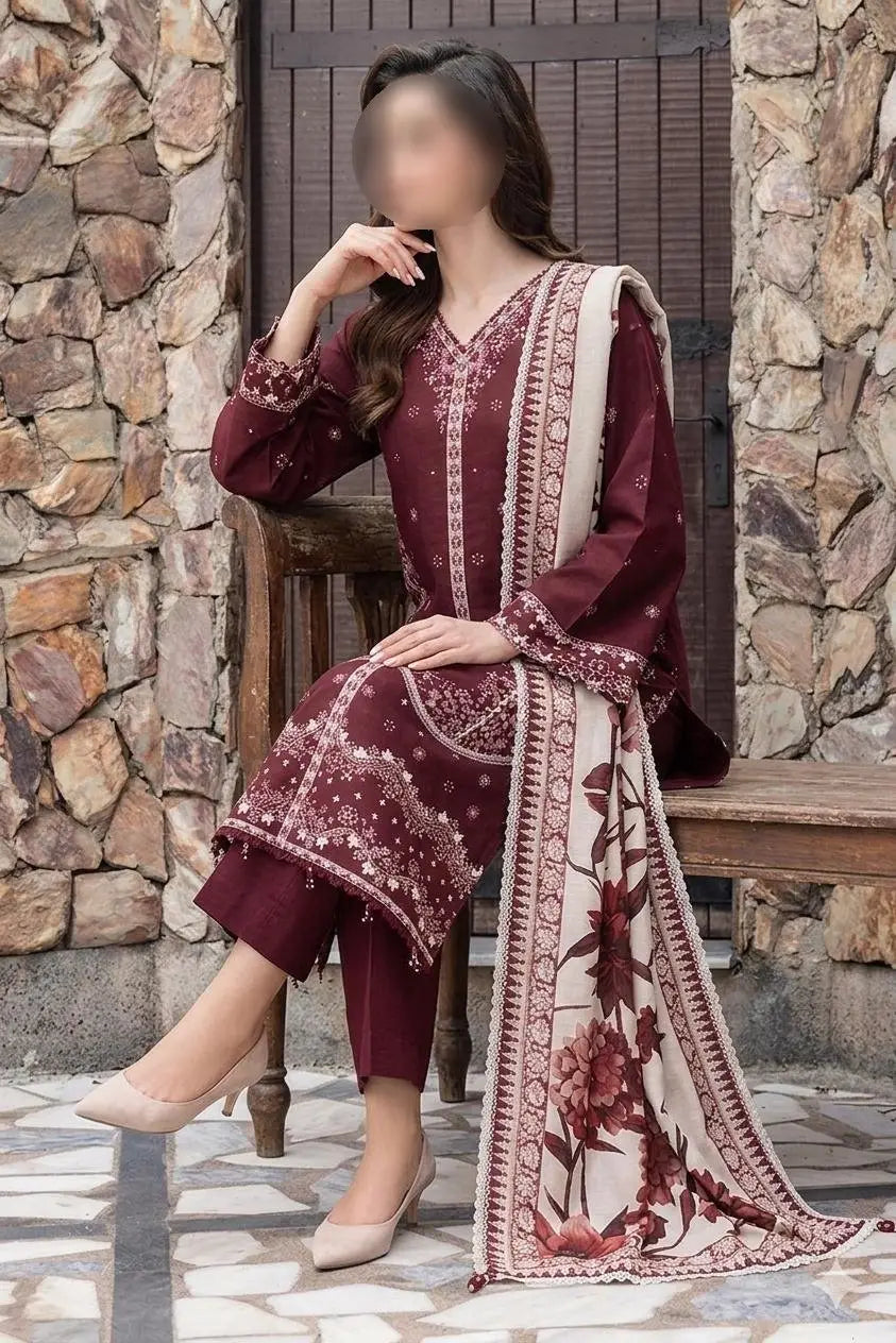 3 Pcs Unstitched Embroidered Suit – Maroon