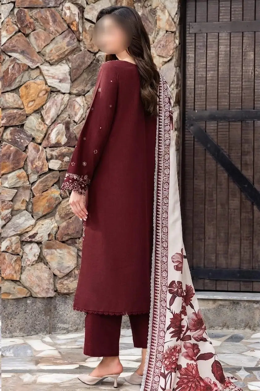 3 Pcs Unstitched Embroidered Suit – Maroon