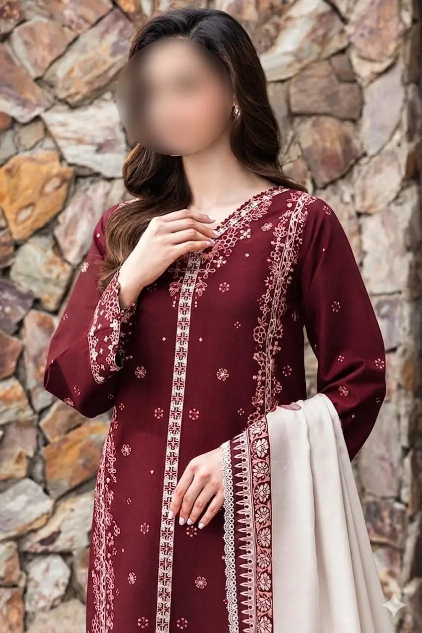 3 Pcs Unstitched Embroidered Suit – Maroon