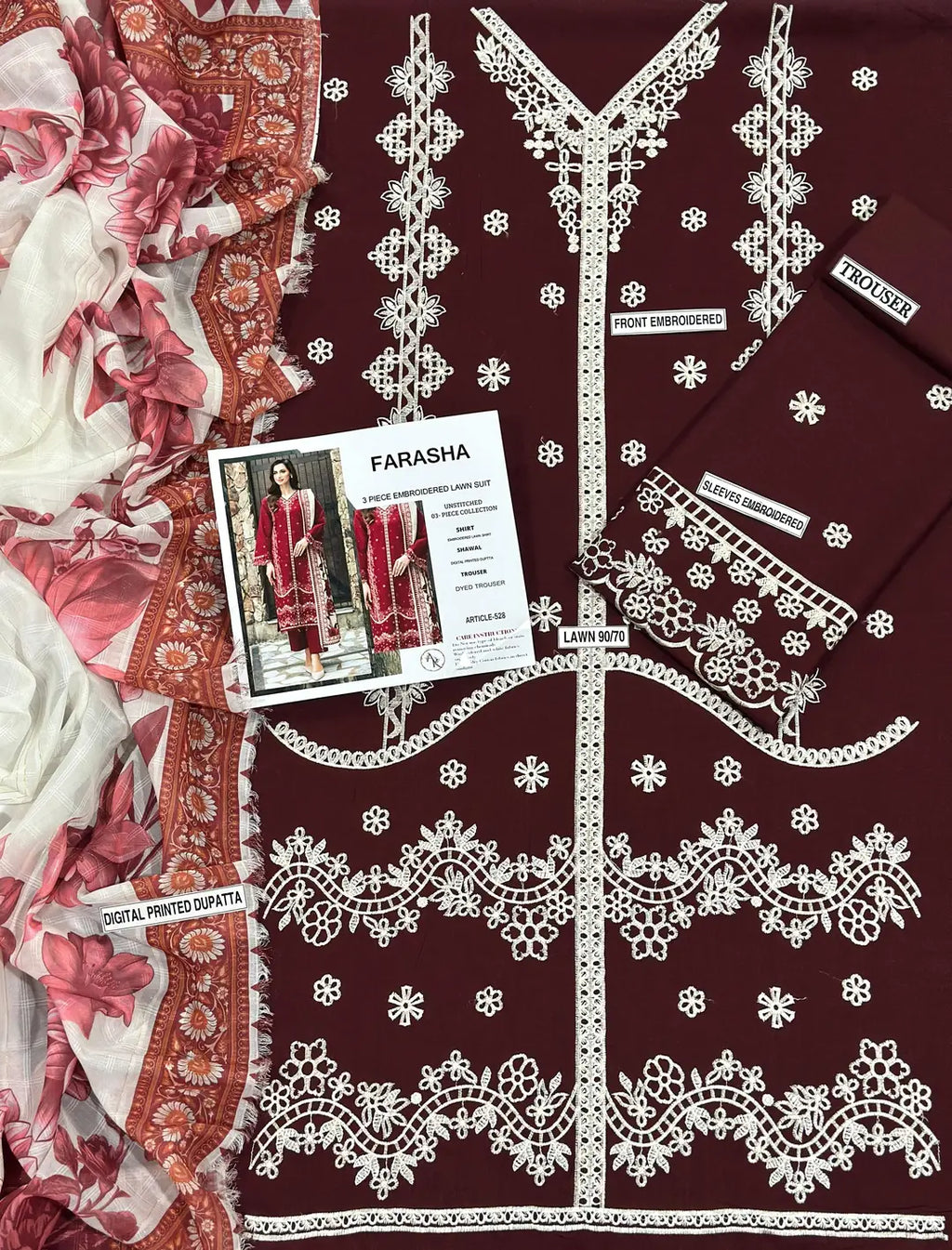 3 Pcs Unstitched Embroidered Suit – Maroon