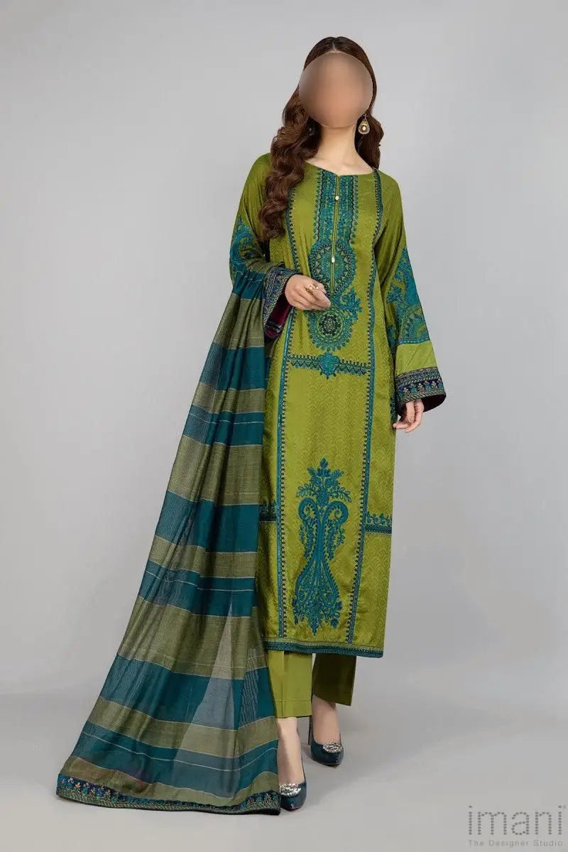 3 Pcs Lawn Embroidered Suit – Olive Green
